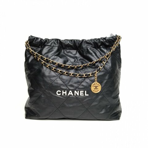 CHANEL 22BagTote托特包中號黑色牛皮晶片白扣肩背包