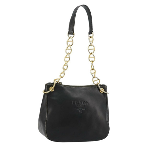 PRADA 鏈條單肩包 皮革 黑色 金色 正品 yk20455A