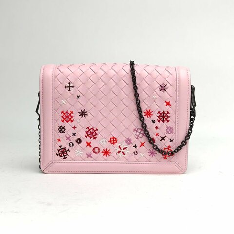 BOTTEGA VENETA 粉色羊皮鎢鋼扣編織刺繡單肩包肩背包