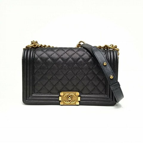 CHANEL Leboy中號25黑色荔枝牛皮20開金扣菱格紋肩背包