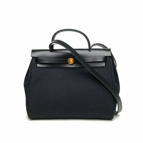 HERMES Herbag31黑色帆布/牛皮U刻金扣肩背包