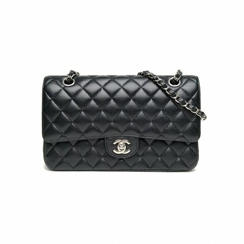 CHANEL CF口蓋包中號黑色荔枝牛皮22開銀扣肩背包