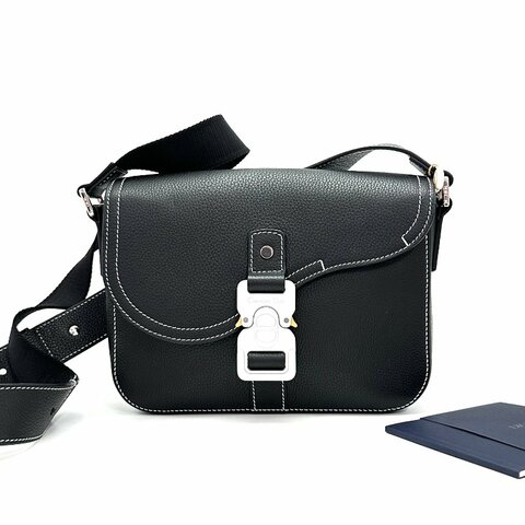 DIOR/迪奧黑色銀扣白色外縫線馬鞍翻蓋信使包
