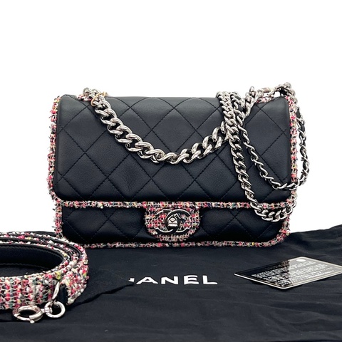 CHANEL/香奈兒黑色拼彩色毛呢邊CF手提单肩斜挎包