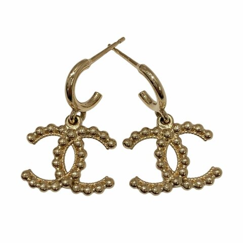 CHANEL 香奈兒 AB7783 CC LOGO BEADED DROP HOOP EARRINGS 雙C圓珠吊墜耳環 合金 米金色