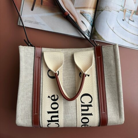::CHLOE:: Woody 亞麻帆布小牛皮手提肩背斜背托特包