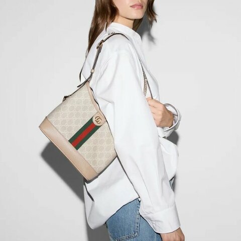 ::GUCCI:: 古馳Ophidia GG Superme small shoulder bag 綠紅綠織帶肩背水桶包(小款/米灰)