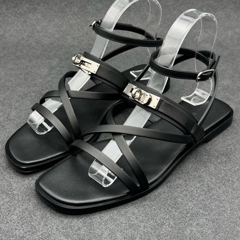 Hermes 愛馬仕 June 黑的Kelly銀扣 綁帶 涼鞋38碼