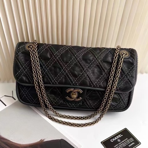 CHANEL香奈兒外縫CF系列中古款黑色牛皮金釦雷標15開👩🏻‍🎨