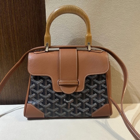 Goyard/ 戈雅Saigon焦糖色 mini西貢包 木質手柄 手提包 單肩斜挎包