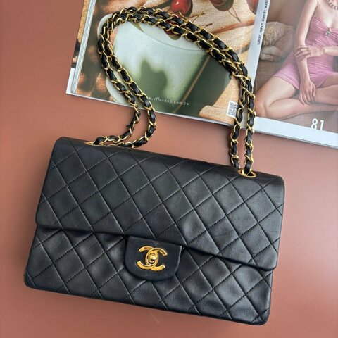 VINTAGE ::CHANEL:: COCO25 黑羊皮金雙C金鍊肩背斜背包