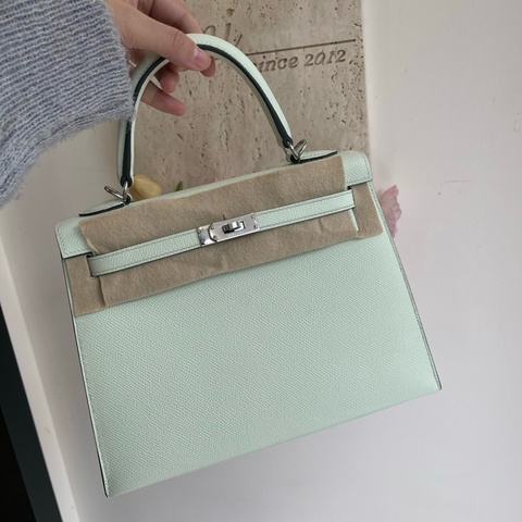 99新🆕愛馬仕Hermes kelly25手提包斜背包 氣泡綠 u刻 銀扣 配件：塵袋/說明書/小票/肩帶/鑰匙鎖