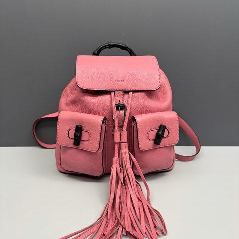 Gucci古馳 粉色全皮竹節手柄流蘇雙肩包 98新