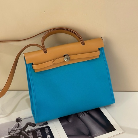 99新✨愛馬仕Hermes herbag31伊茲密爾藍帆布拼皮 手提包單肩包斜挎包 框P刻 銀扣 拼竹子綠子袋