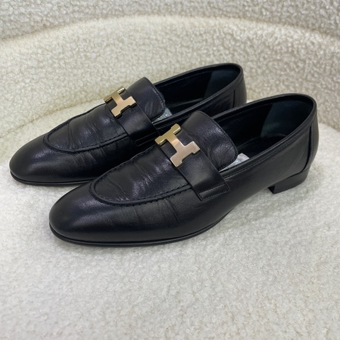 Hermes 愛馬仕樂福鞋 黑色金扣38碼