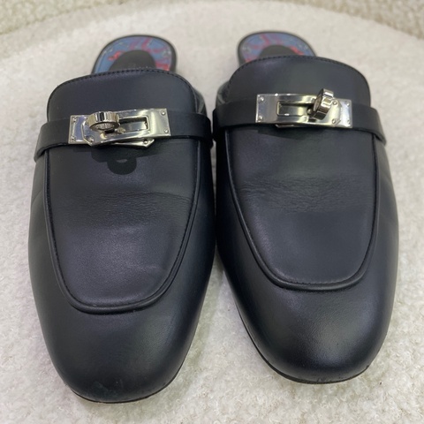HERMES 愛馬仕 黑色Kelly銀扣穆勒半拖鞋 38碼