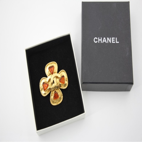 Chanel Vintage 96A 琉璃橙色鍍金四葉草胸針