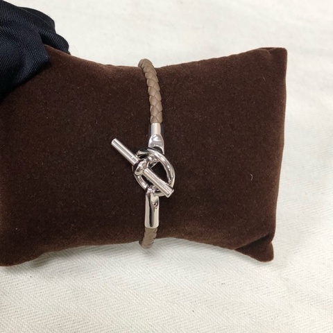 愛馬仕Hermes編織皮手鍊 T型扣 棕色 銀色鎖扣 尺寸18.5cm