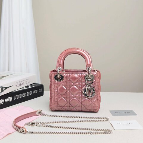 DIOR 粉色珠光銀扣三格 黛妃羊皮手提肩背斜背包17*14*7 98新配件塵袋購證
