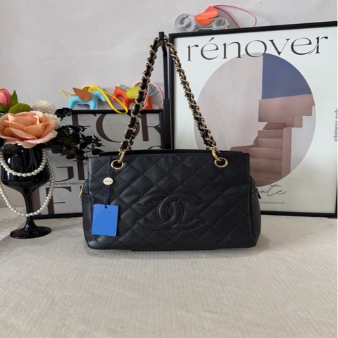 CHANEL/香奈兒 黑金荔枝紋牛皮PPT手拎單肩包 95新