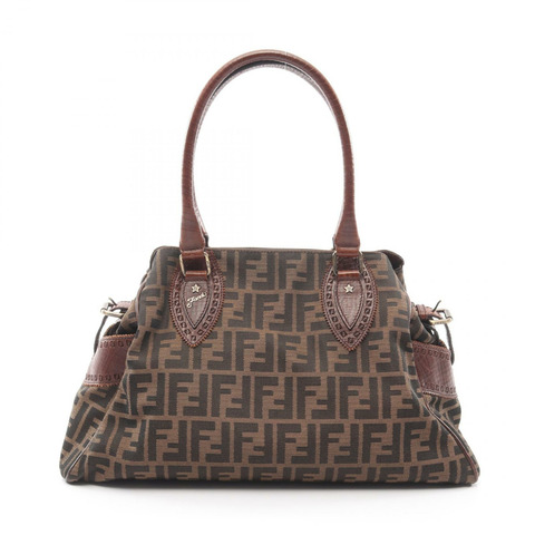 FENDI Ethnico Zucca 手袋帆布皮革棕色黑色二手女式