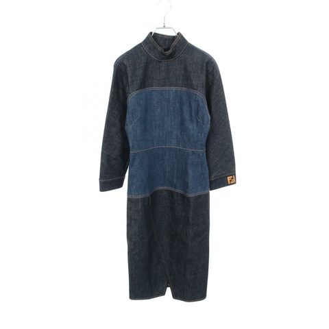 FENDI 立領長袖牛仔連身裙，棉質，藏藍色，#36，二手女款