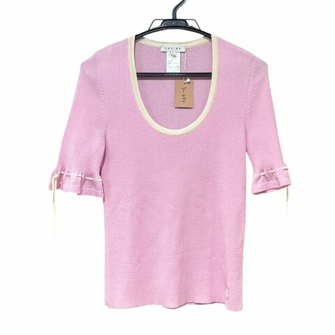 【美收精品】CELINE 復古粉色滾邊大圓領荷葉綁帶袖針織上衣 5-494