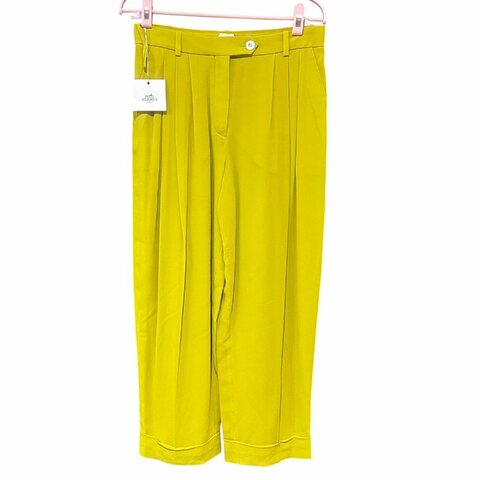 【美收精品】HERMÈS 復古芥末黃黃高腰雙褶真絲寬褲 5-491