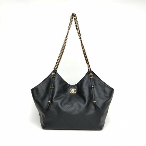 CHANEL 25Shobo黑金tote大號購物袋黑色牛皮晶片金扣肩背包