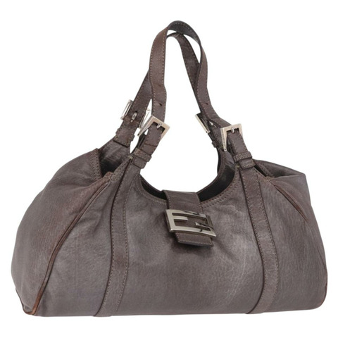 FENDI Mamma Baguette 手袋 皮革 棕色 銀色 正品 182613A