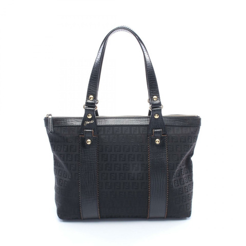 FENDI Zucchino 手提包 8BH179 帆布皮革 黑色 二手 女士