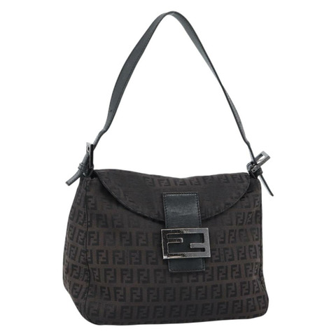 FENDI Zucchino帆布Mamma Baguette手袋 黑色 銀色 正品 183656A