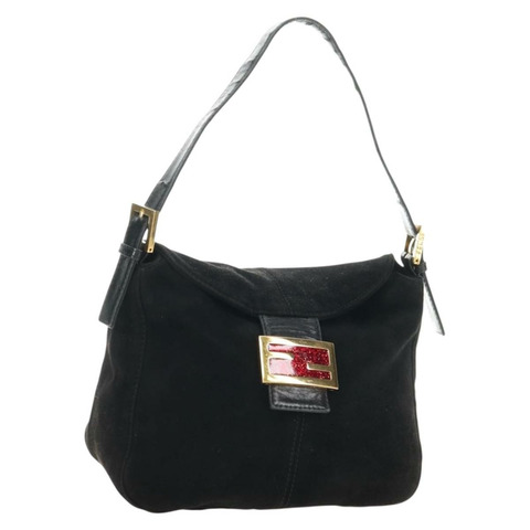 FENDI Mamma Baguette 單肩包，黑色麂皮，金色，正品 183213SAM