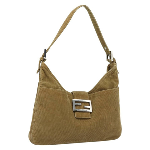 FENDI Mamma Baguette 單肩包 燈芯絨 棕色 銀色 正品 184550V