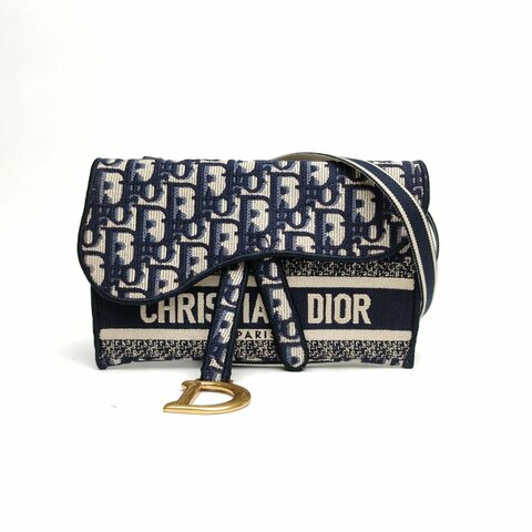 DIOR SADDLE馬鞍腰包墨藍色帆布金扣印花字母刺繡肩背包