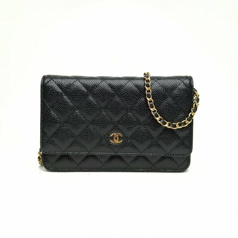 CHANEL CFWOC19黑色荔枝牛皮晶片金扣肩背包