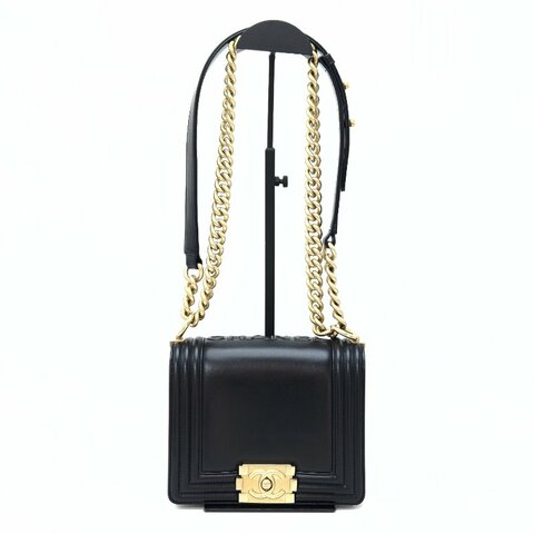 CHANEL/香奈兒黑金光面牛皮Leboy單肩斜挎包
