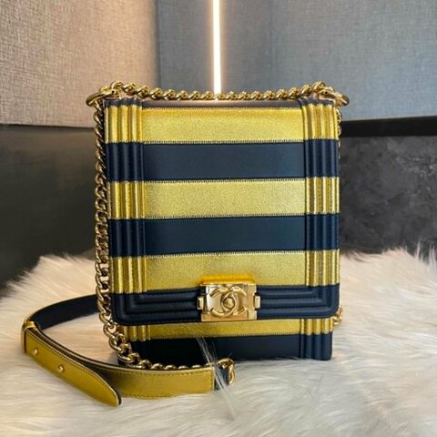 CHANEL 拼色直式BOY鏈包 藍金色