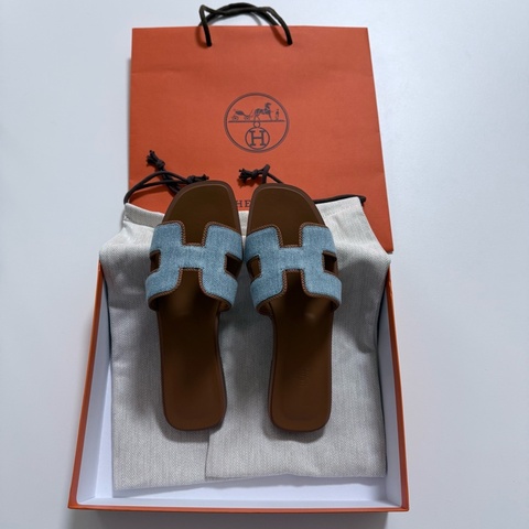 Hermes Oran 拖鞋 牛仔藍 37號