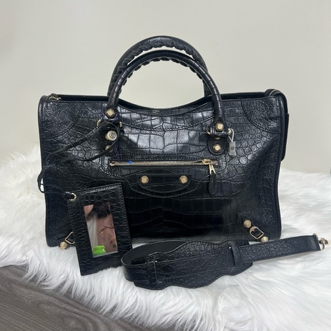 Balenciaga 巴黎世家黑色鰐魚壓紋機車中號city