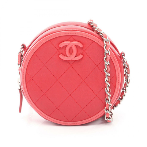 香奈兒 (CHANEL) 絎縫圓形鏈條肩背斜背包，紅色粉紅色皮革，銀色五金，二手 CC