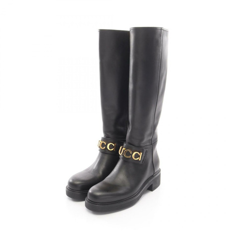 GUCCI Logo 長靴 752517 皮革 黑色 二手 女款 #37 1/2