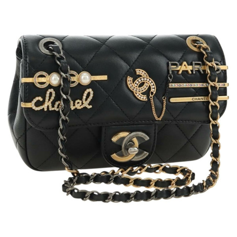 香奈兒 (CHANEL) 迷你絎縫 17 鏈條包，羊皮材質，黑色，金色雙C標誌，正品編號 183626SM