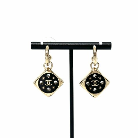CHANEL/香奈兒22P黑色方形水鑽吊墜耳釘