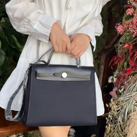 99新Hermes 愛馬仕 herbag 31 黑色帆布單肩包手提包 B刻 銀色五金 附件：子袋