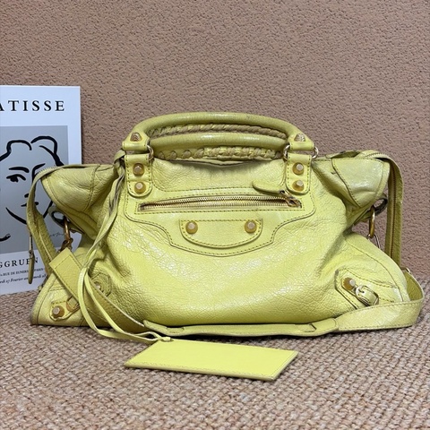Balenciaga/巴黎世家 City機車包 中號檸檬黃手提包單肩斜挎包 帶鏡子和肩帶