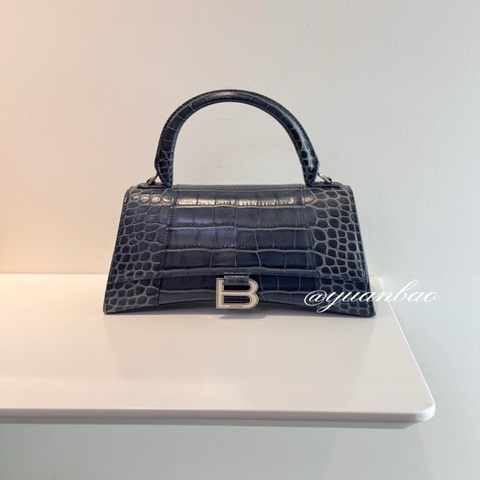 Balenciaga巴黎世家沙漏包S號 孔雀藍鰐魚紋女士單肩斜挎手提包