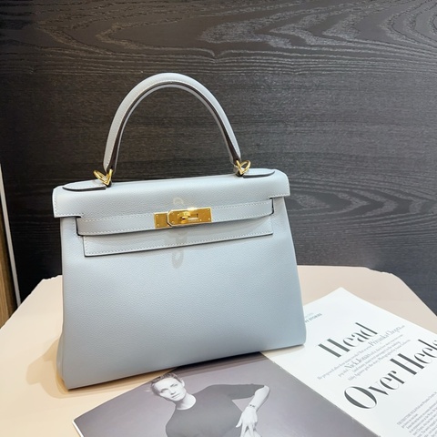 Hermes J7亞麻藍evercolor皮金釦Kelly28手提斜背包