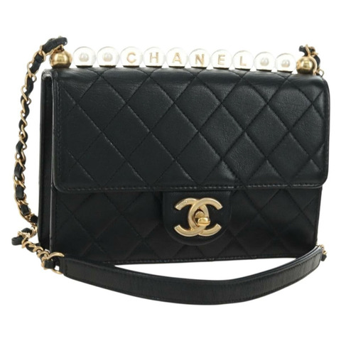 香奈兒 (CHANEL) 絎縫鏈條肩背包，羊皮材質，黑色，金色雙C標誌，正品編號 182742SAM