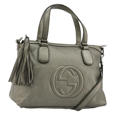 GUCCI Soho 手提包 皮革 兩用 銀色 308362 正品 182731A